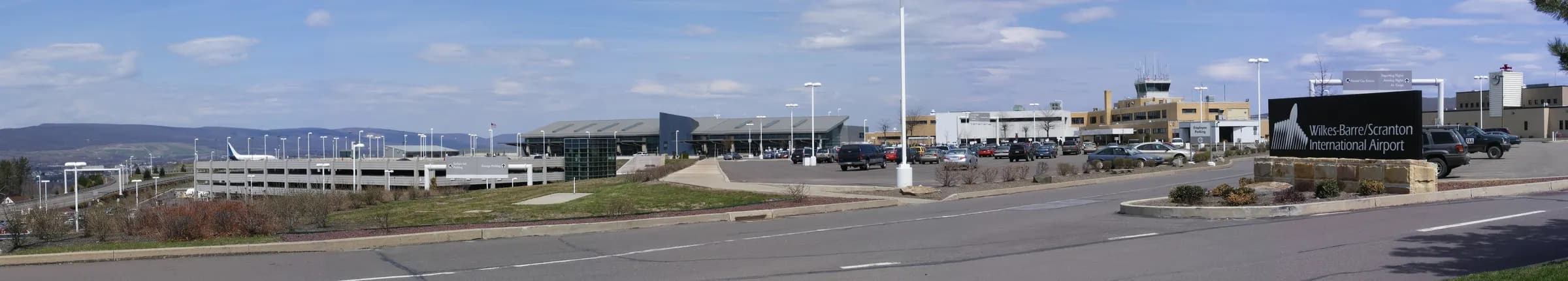 Panorama of Wilkes-Barre/Scranton International Airport showing the airfield and terminal area.