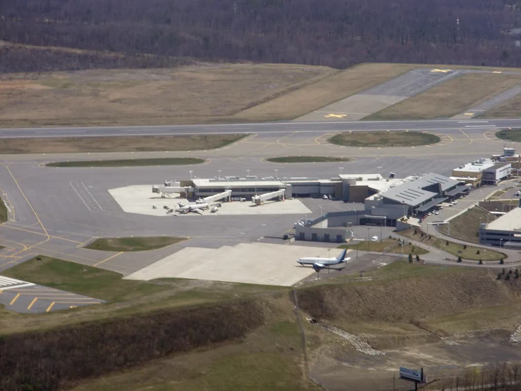 Aerial view of the Wilkes-Barre/Scranton International Airport terminal buildings at Avoca.