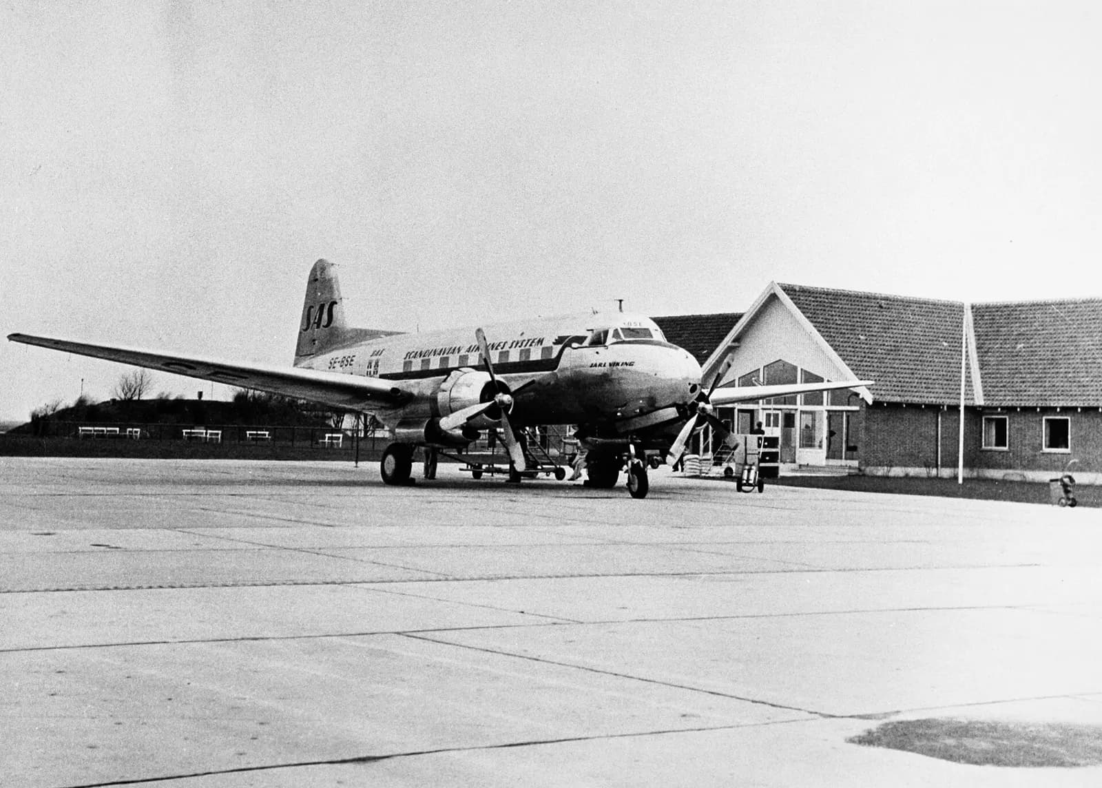 Aalborg Airport AAL, Denmark. Jarl Viking, SE-BSE, Saab 90 Scandia. The 32-seat Swedish-build aircraft is seen at Aalborg airport.