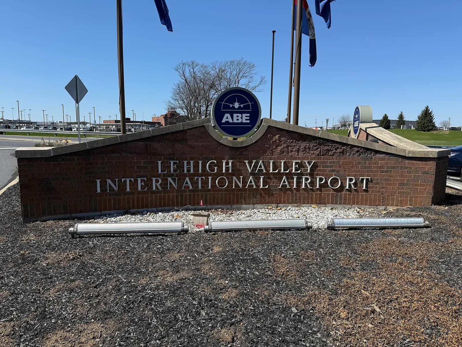 Green entrance sign reading Lehigh Valley International Airport on Airport Road in Hanover Township, April 2025.