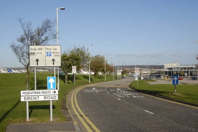 Road approach toward Aberdeen Airport’s passenger terminal.