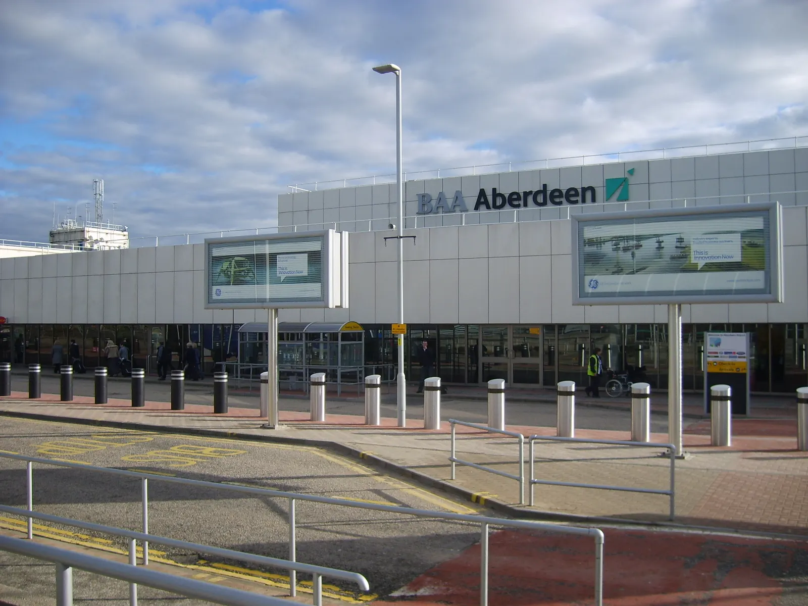 Closer view of Aberdeen Airport terminal cladding and upper windows.