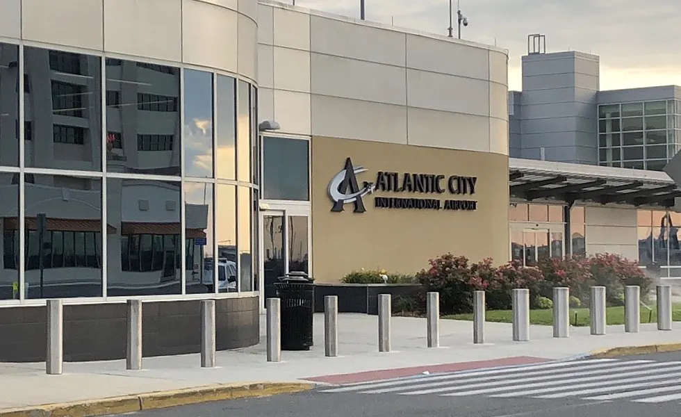 Atlantic City International Airport passenger-terminal entrance canopy and curb, photographed in January 2024.