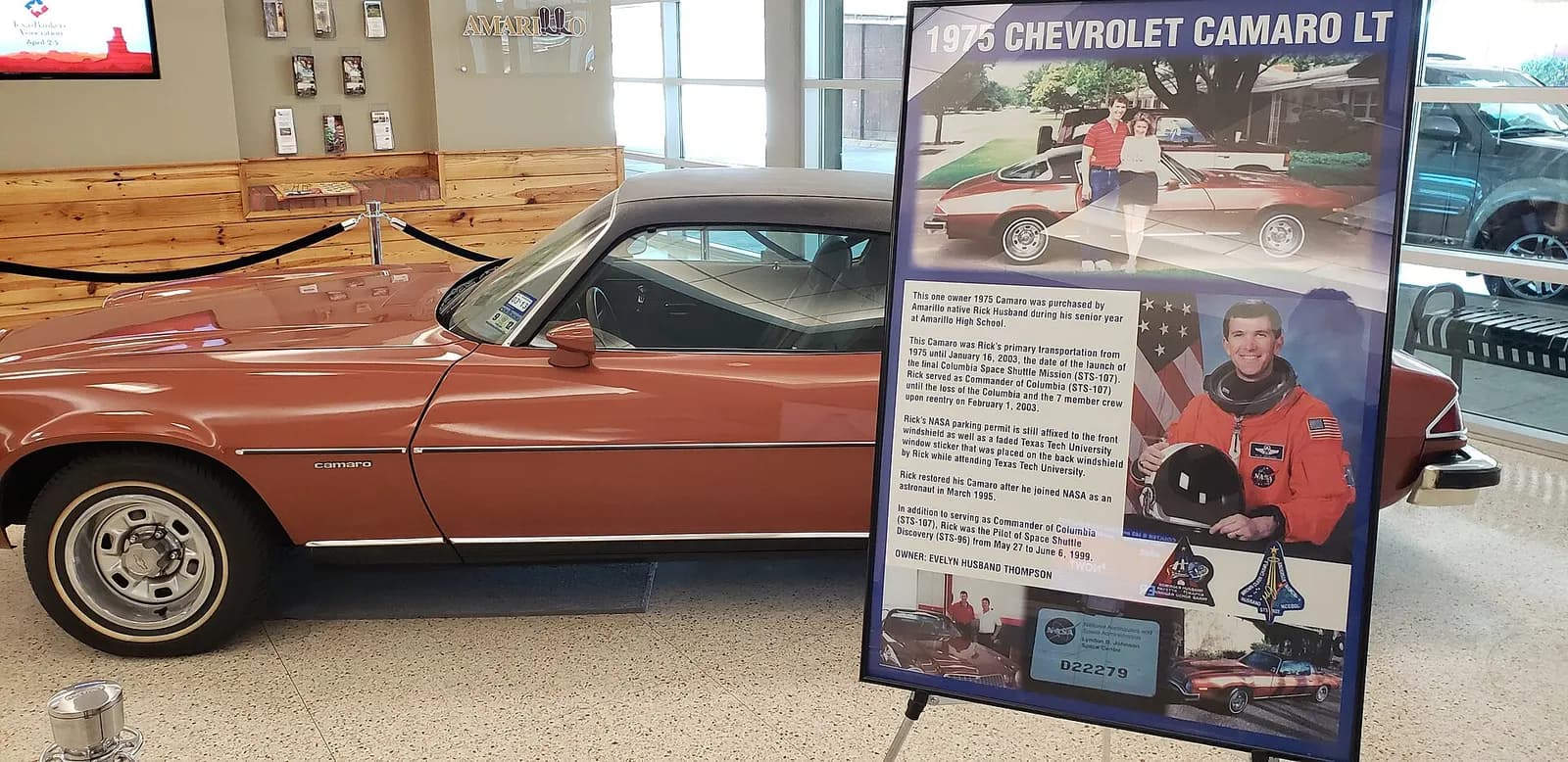 Rick Husband's Camaro on display inside Rick Husband Amarillo International Airport.