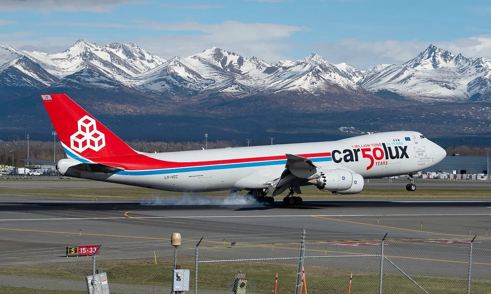 A Cargolux Boeing 747-8F (LX-VCC) wearing the 50th Anniversary livery touching down at Ted Stevens Anchorage International Airport, Alaska, USA.