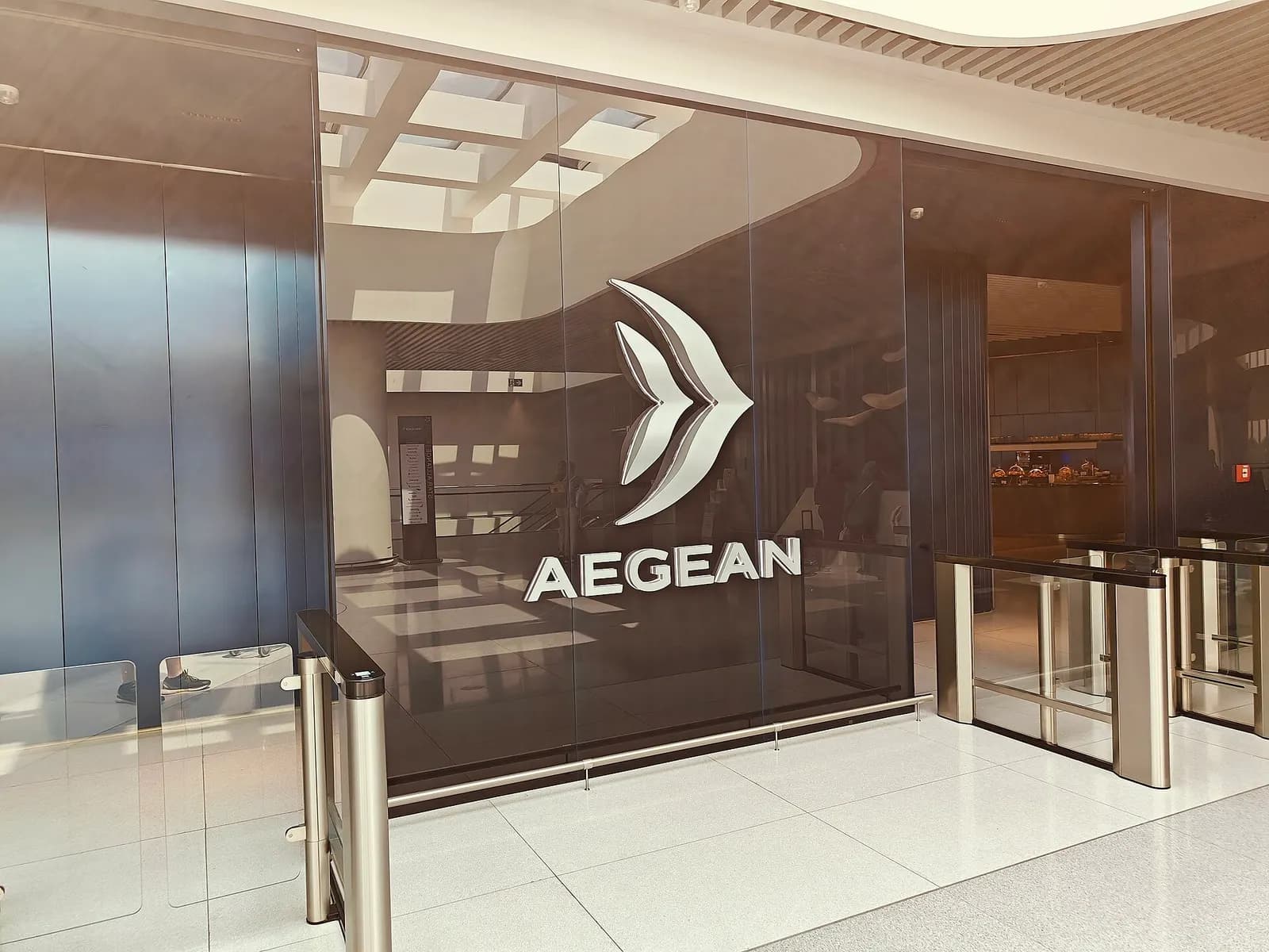 The entrance to the Aegean Airlines business lounge in the non-Schengen section of Athens International Airport.