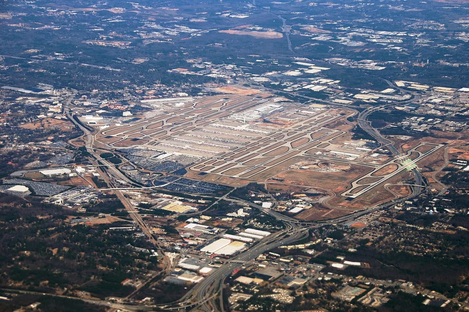 Aerial photo of Hartsfield-Jackson Atlanta International Airport on March 5, 2010 on approach and showing F concourse under construction