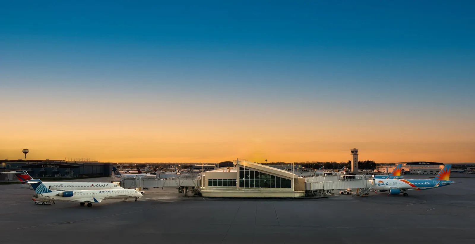 Dusk view of the Appleton International Airport passenger concourse