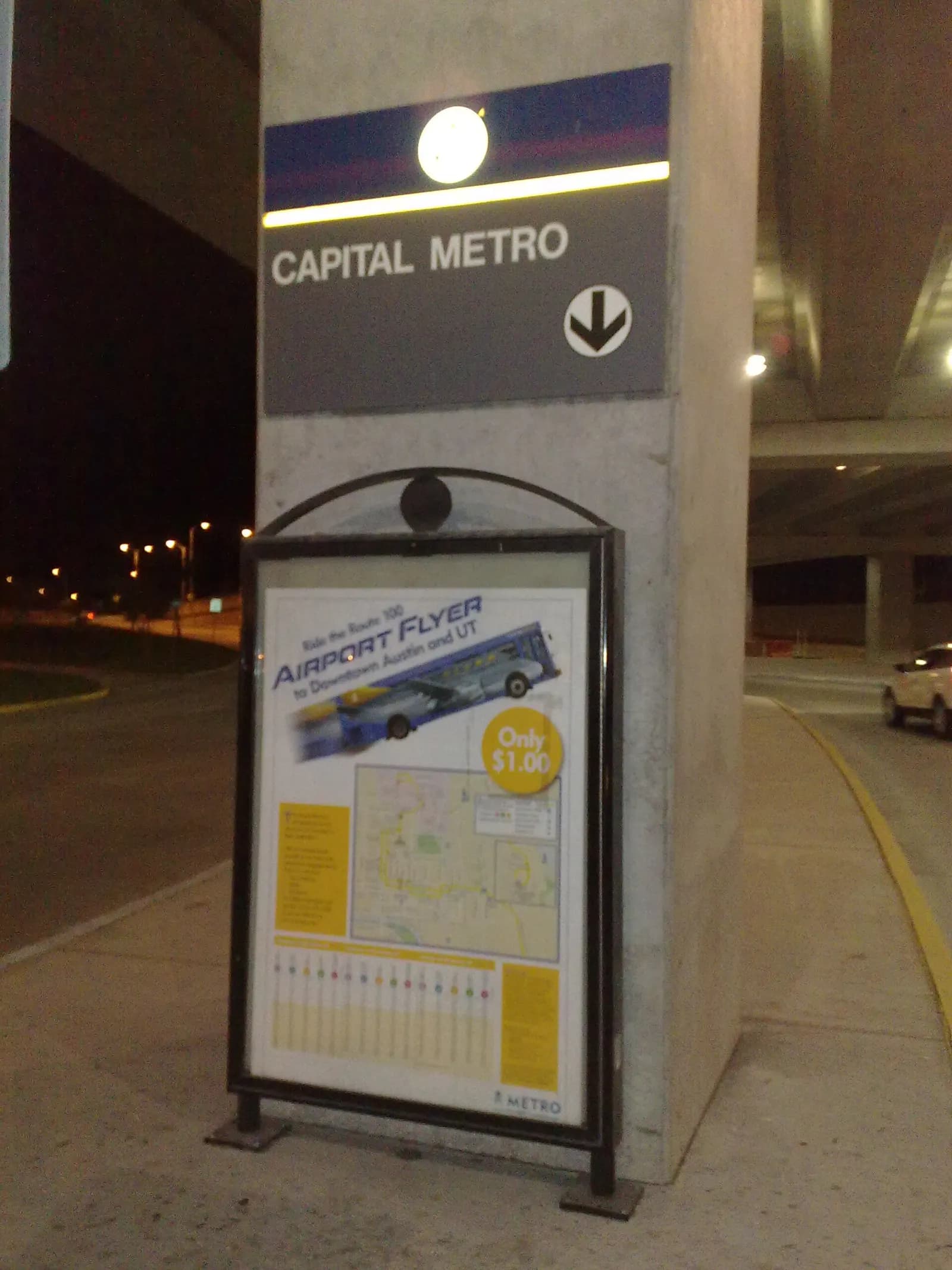 Capital Metro public transit vehicle at Austin–Bergstrom International Airport, serving as the airport's link to downtown Austin.