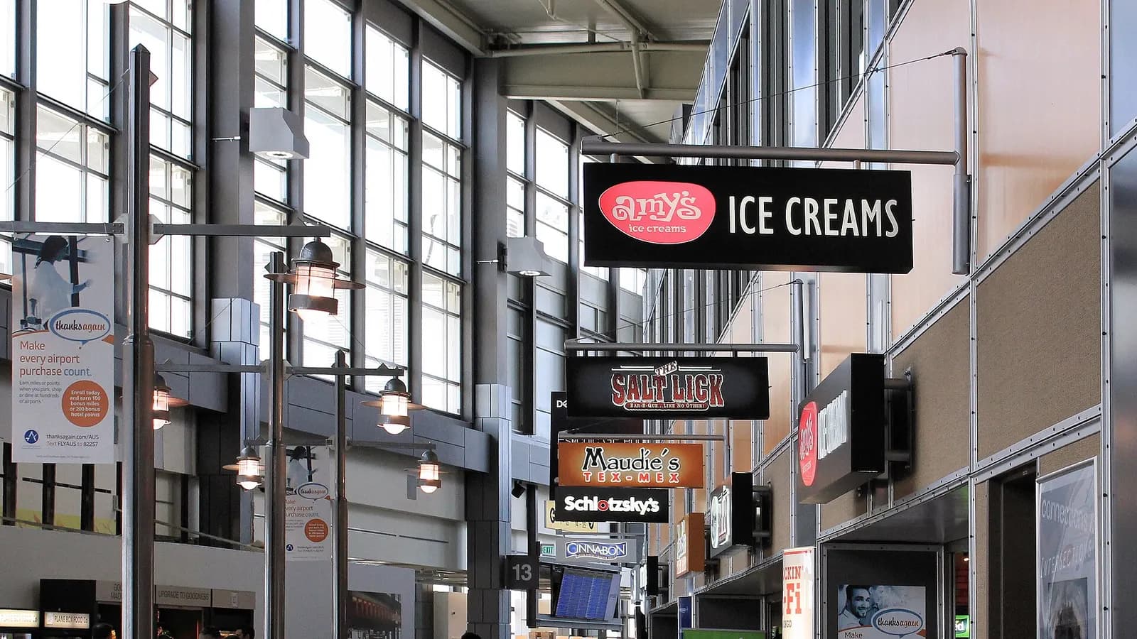Restaurants near gate 12 in the Barbara Jordan Terminal at Austin–Bergstrom International Airport in Austin, Texas, United States.