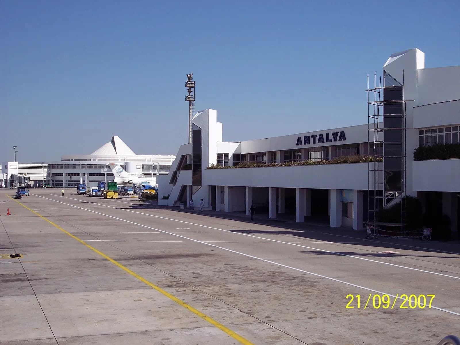 Airside view of Antalya terminal facade with ANTALYA lettering