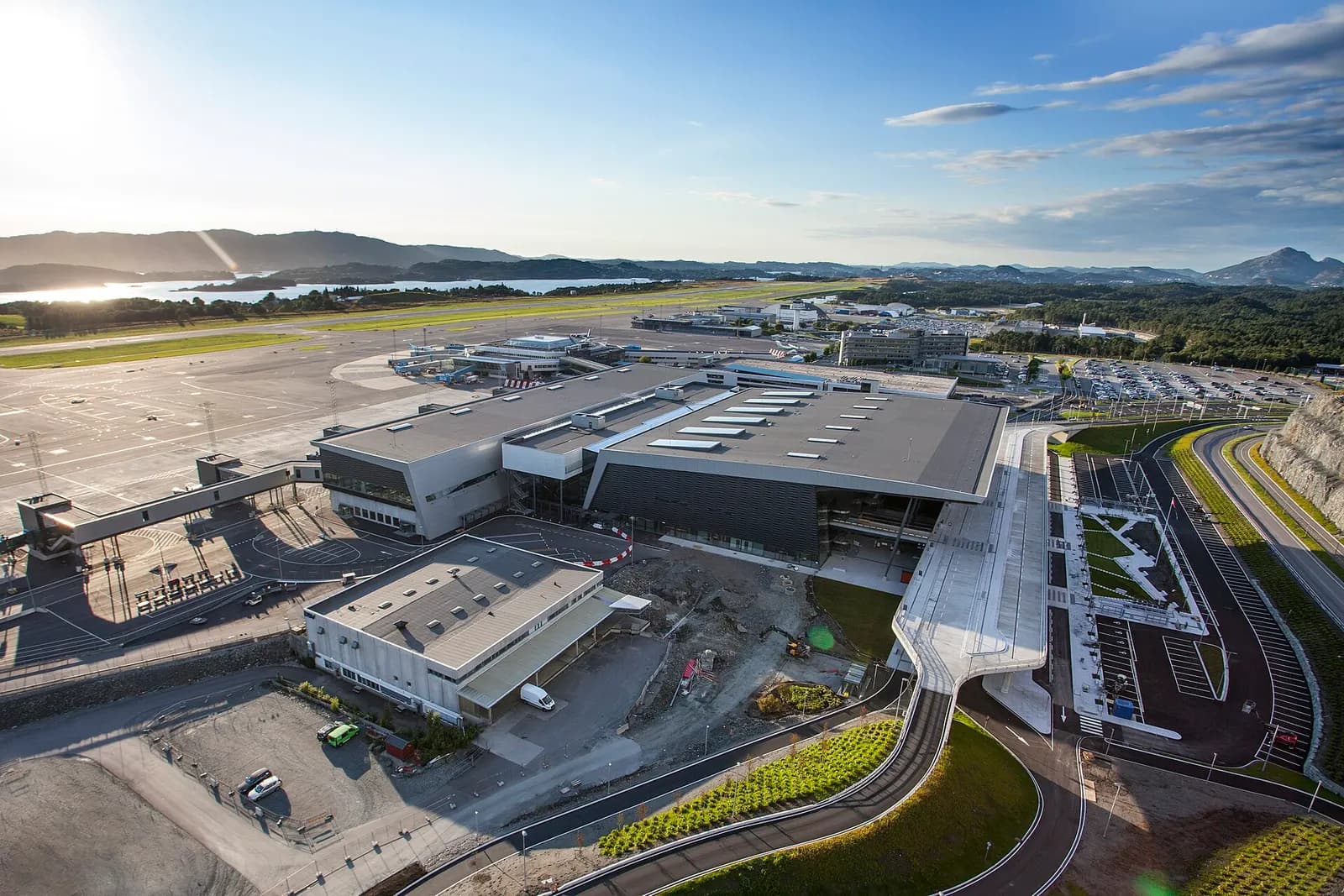 New Bergen Airport Flesland with old terminal in the background. Taken from helicopter.