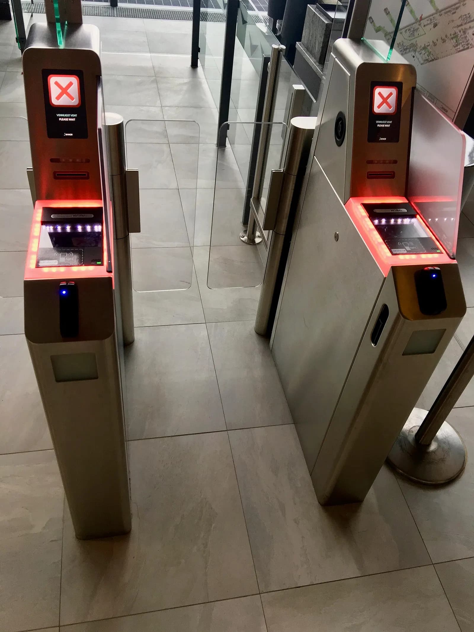 Bergen Airport, Flesland, Norway (Bergen lufthavn). Interior of terminal 3: boarding card registration machines at flight gate. 2018-03-23.