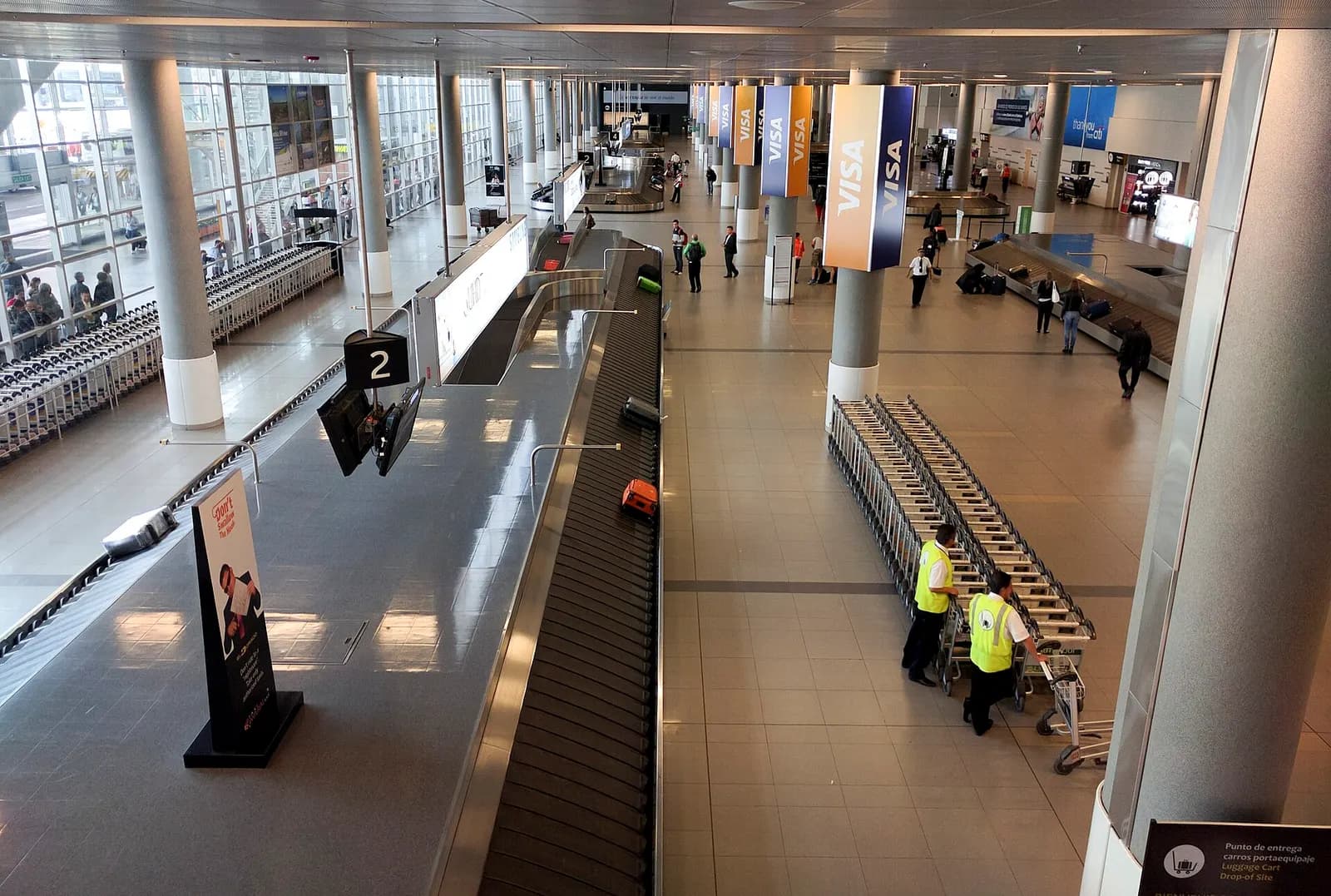 A baggage carousel and rows of luggage carts fill a bright arrivals hall with floor-to-ceiling windows and Avianca signage.