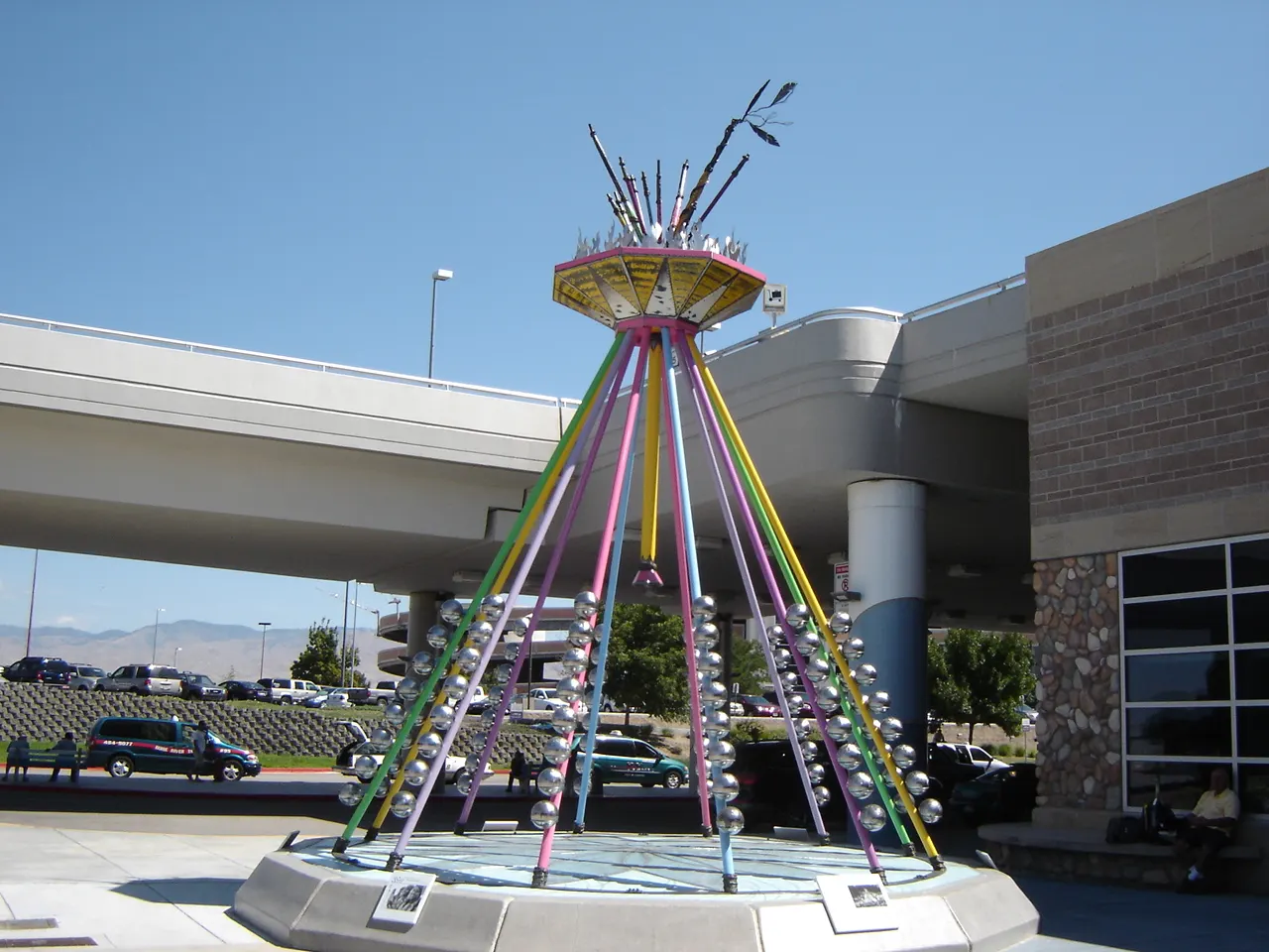 Kinetic sculpture under the elevated departures roadway at Boise Airport.