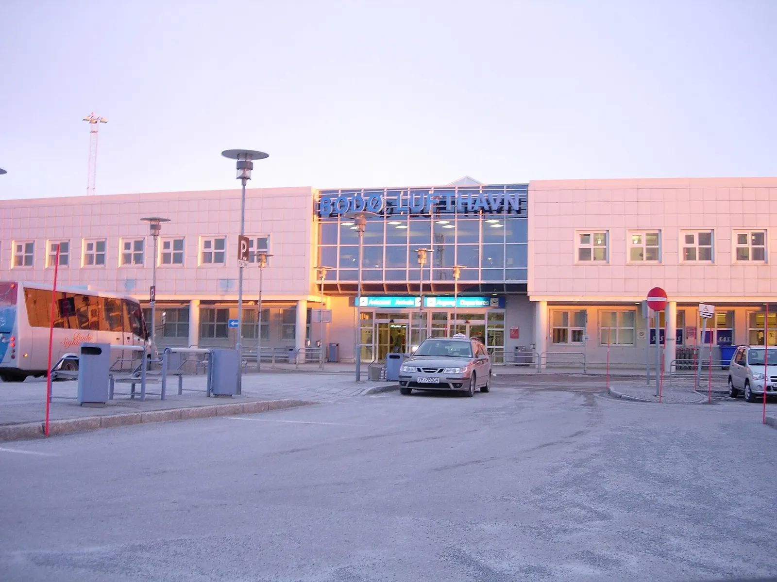 Landside entrance canopy and doors at Bodø Airport.