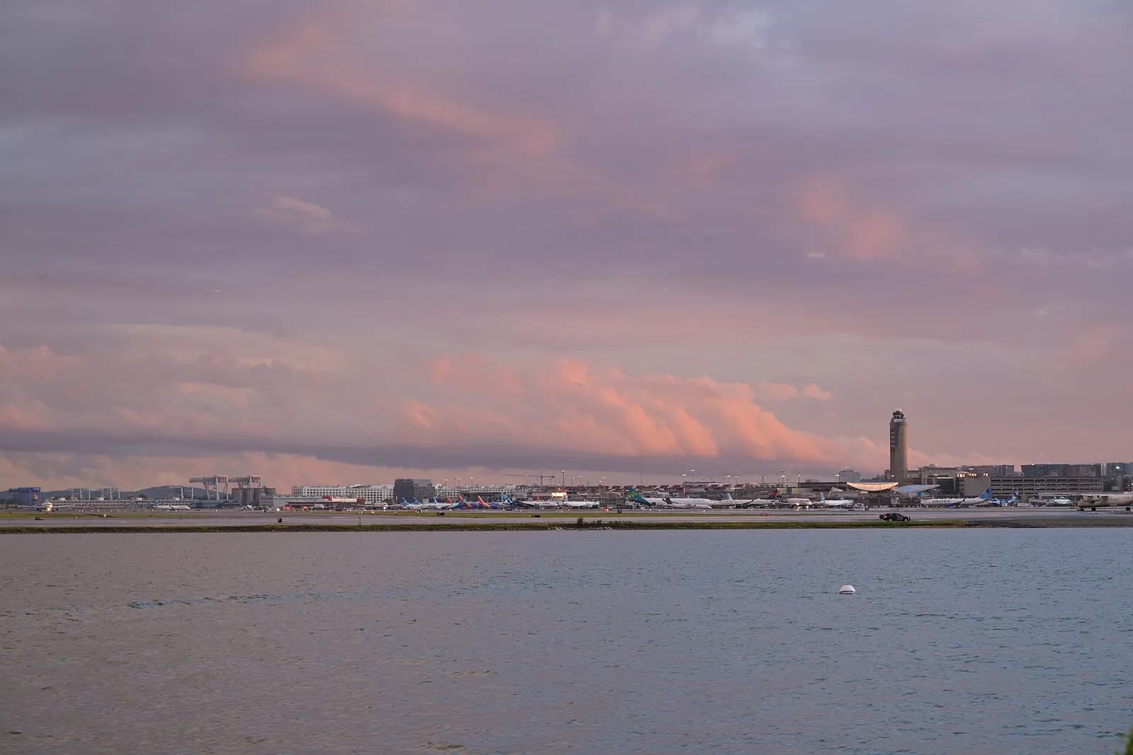Logan Airport's terminals and airfield after a thunderstorm, viewed from Bayswater Street to the north.