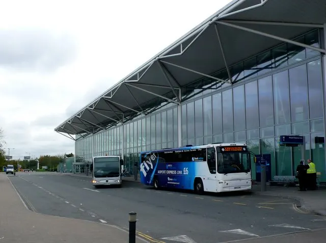 Main terminal building at Bristol Airport seen across the forecourt