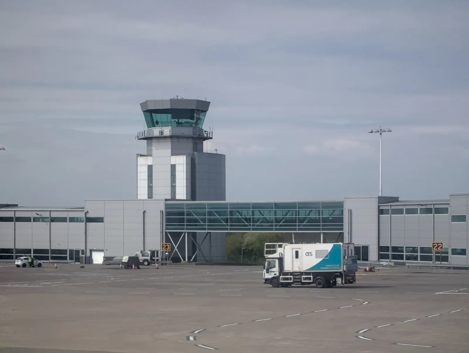 Bristol Airport air traffic control tower against a clear sky