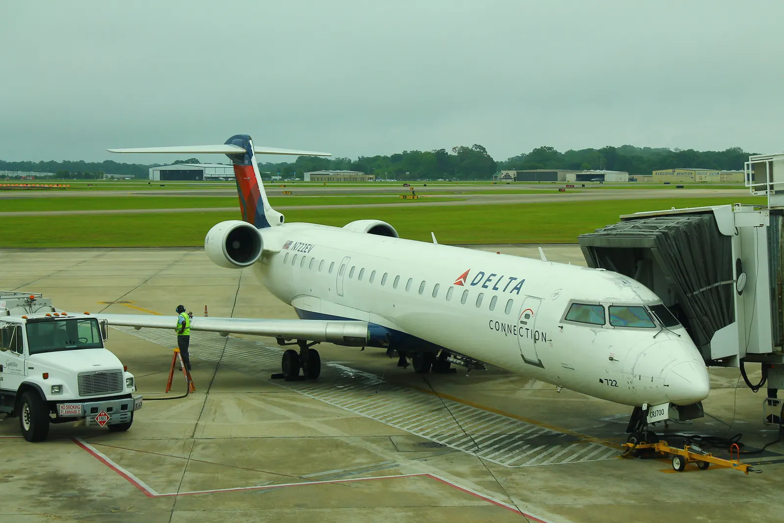 May 2017 Delta ExpressJet CRJ700 parked at Baton Rouge Metropolitan Airport.
