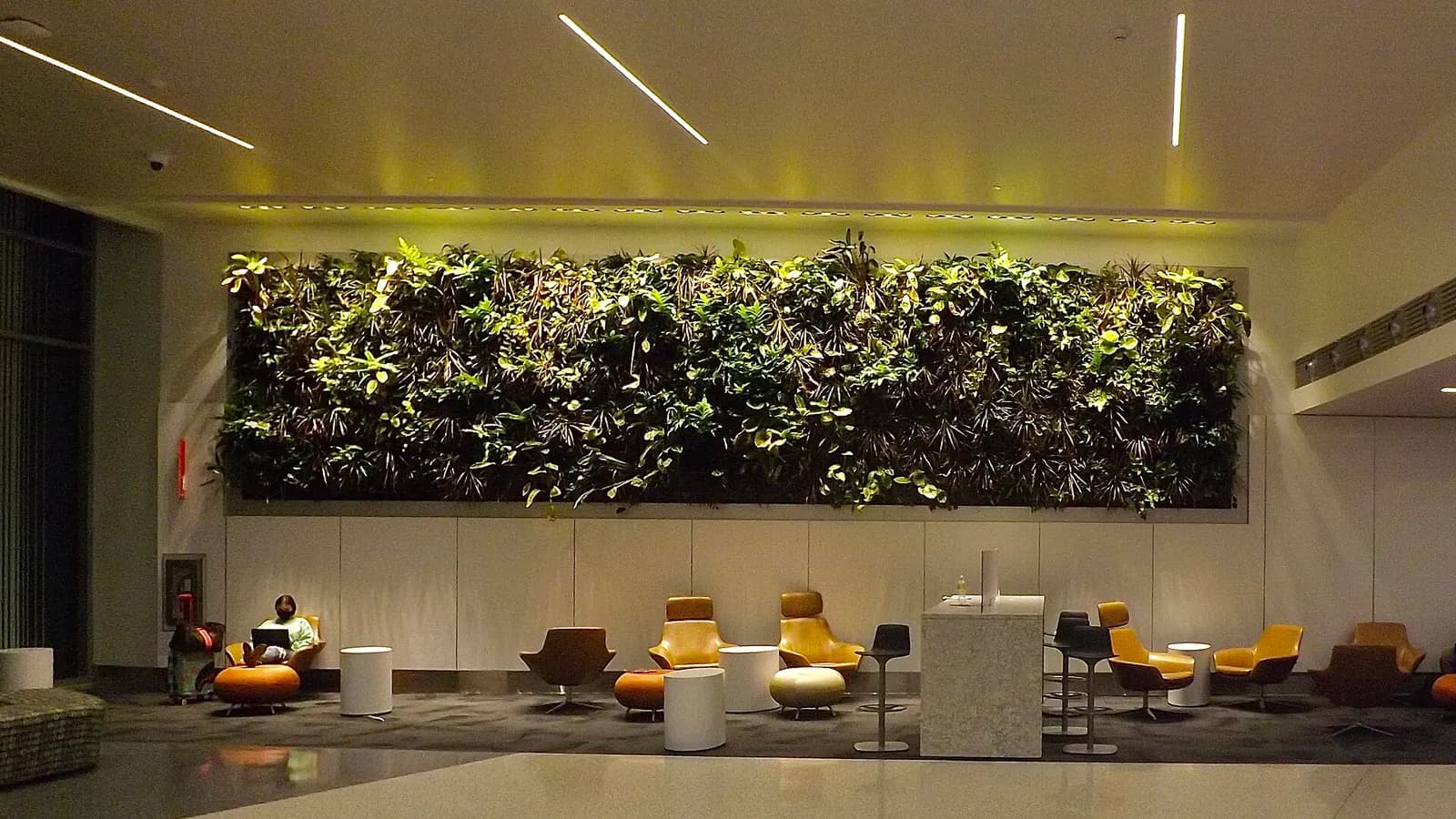 Indoor living wall and lounge chairs in the BUF terminal, photographed the same day as the confirmed Anchor Bar interior.