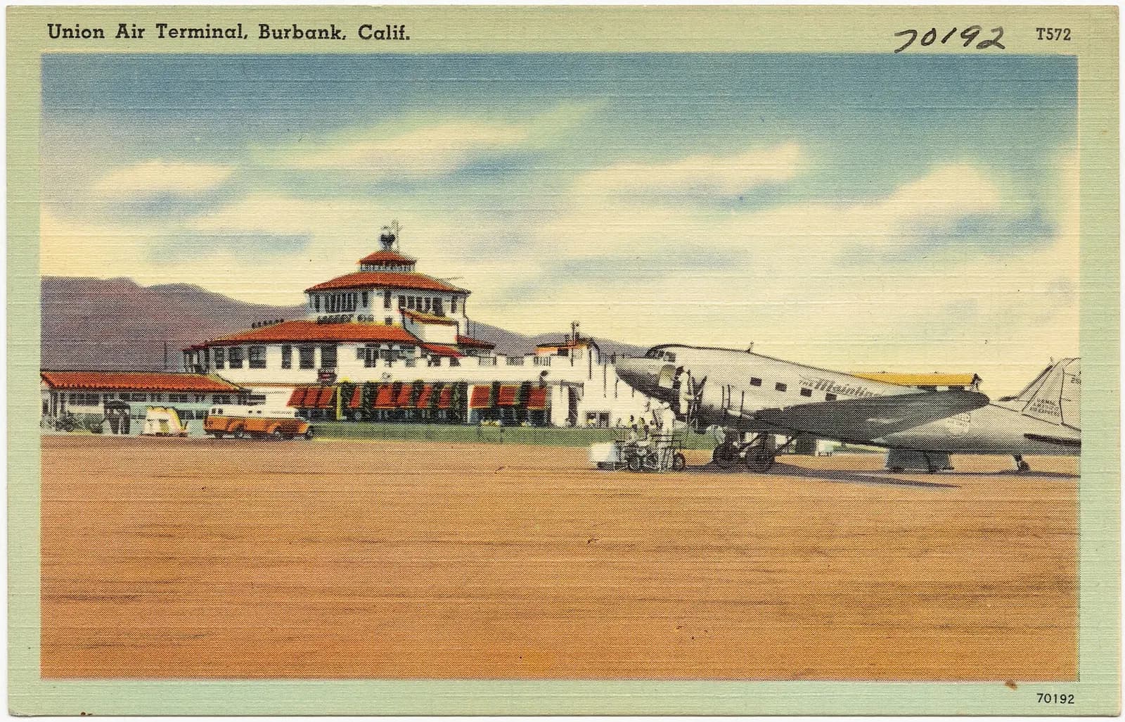 Title: Union Air Terminal, Burbank, Calif. Subjects: Airports Places: California > Los Angeles (county) > Burbank Notes: Title from item. Extent: 1 print (postcard) : linen texture, color ; 3 1/2 x 5 1/2 in. Accession #: 06_10_009449