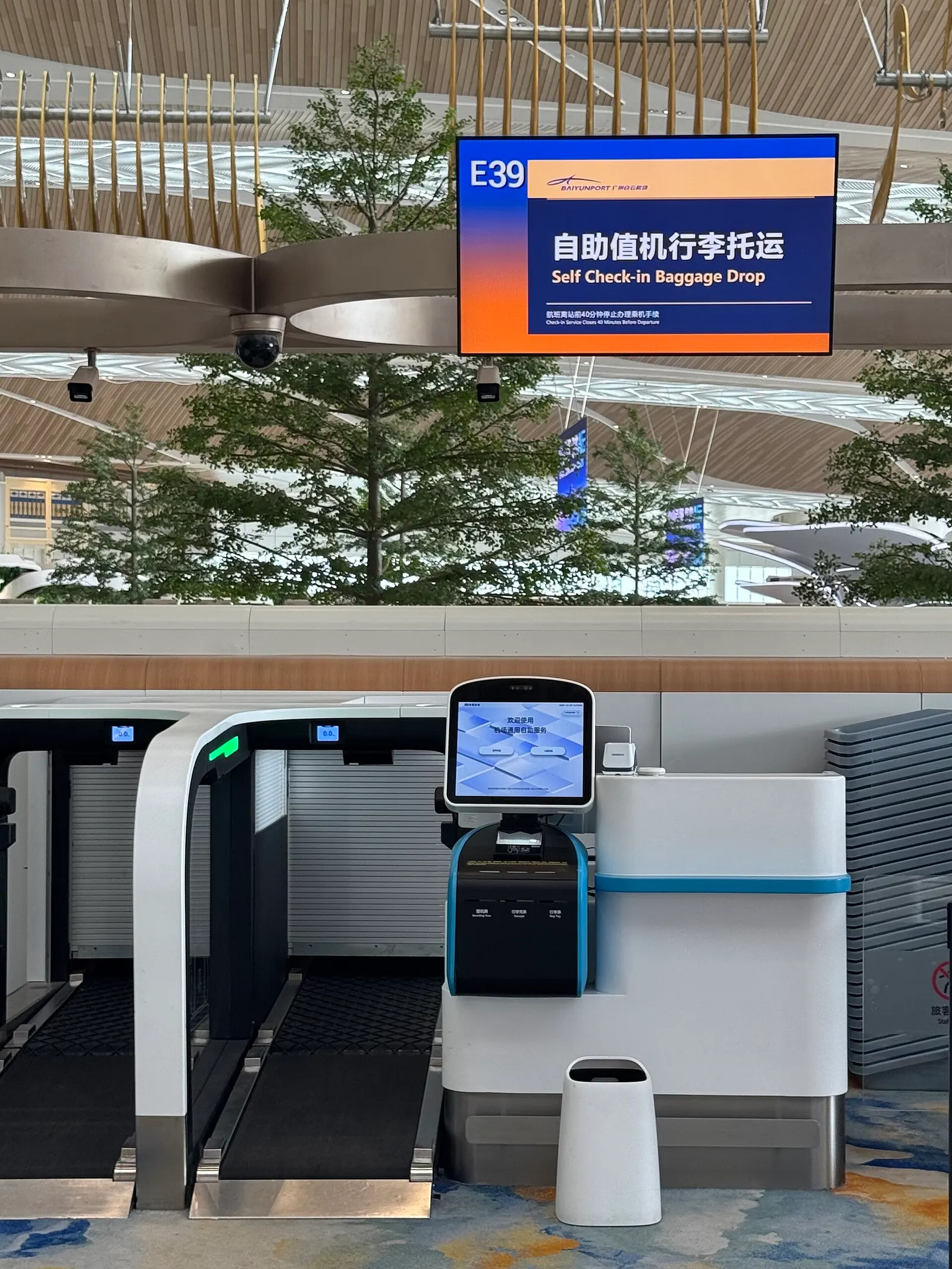 Self-service check-in kiosks and automated baggage-drop counters lining a check-in hall in Terminal 3.