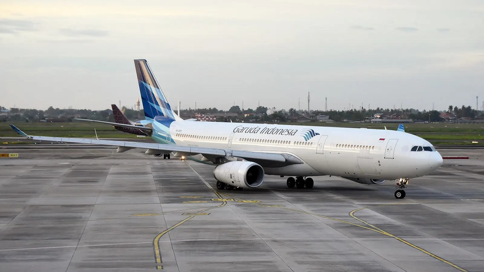 Garuda Indonesia Airbus A330-343 PK-GPV taxiing towards Terminal 3, Soekarno–Hatta International Airport (CGK/WIII) near Jakarta, Indonesia, on arrival from Haneda Airport (HND/RJTT), Tokyo, Japan, as GA875