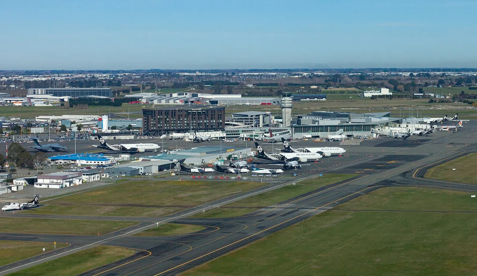 Aerial overview of Christchurch Airport from the north (2020)