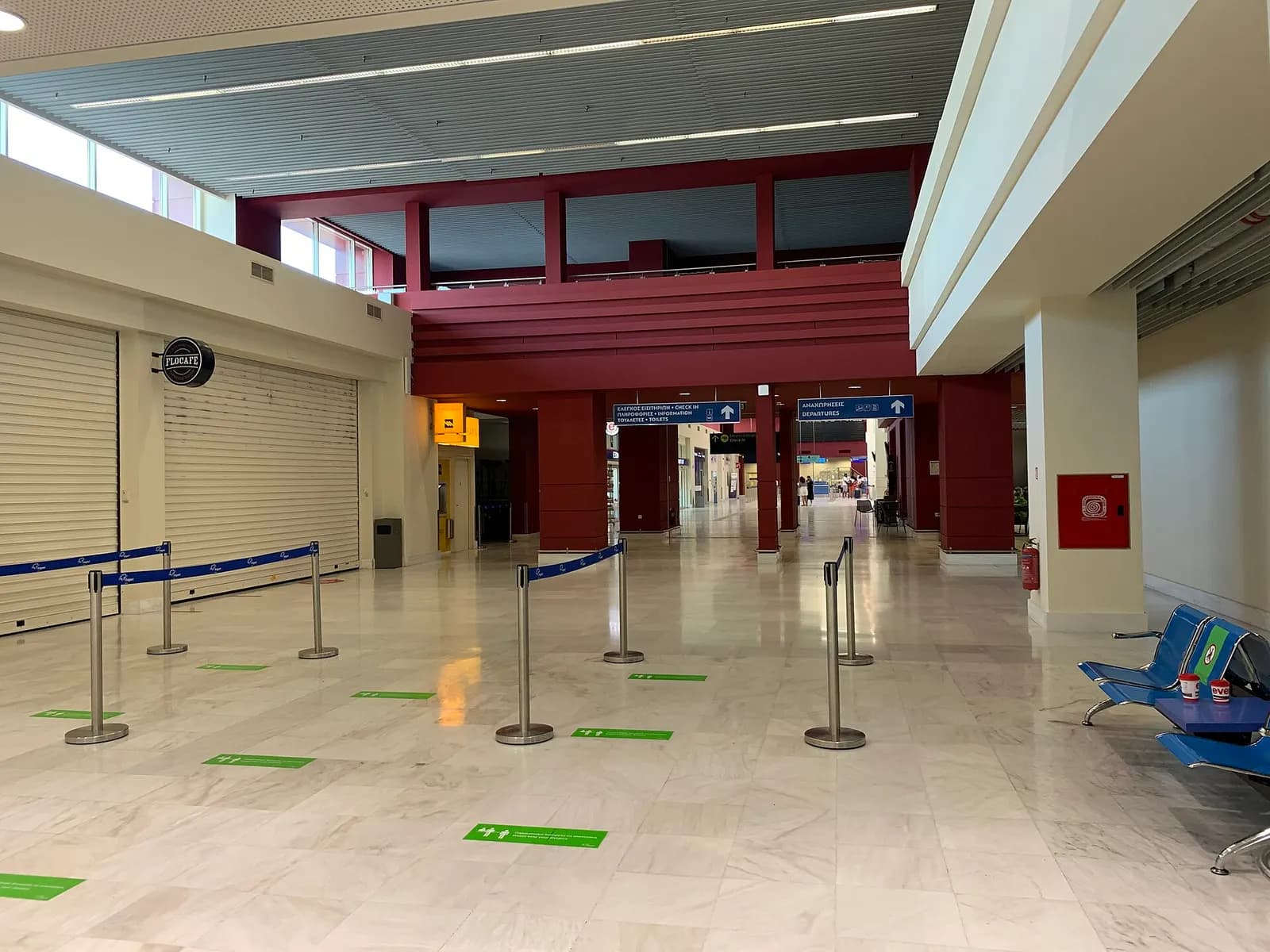 Interior passenger hall at Chania Airport in July 2021.