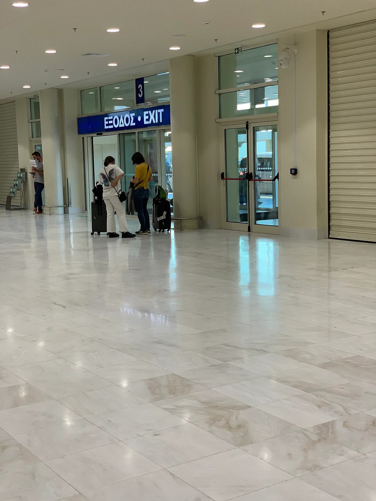 Passenger exit doorway at Chania Airport in July 2021.