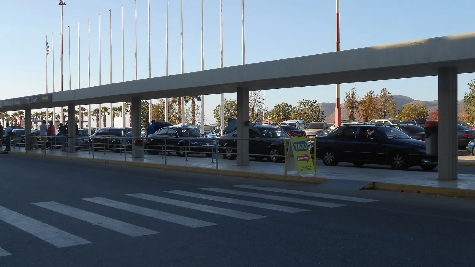 Official taxi stand outside Chania International Airport.