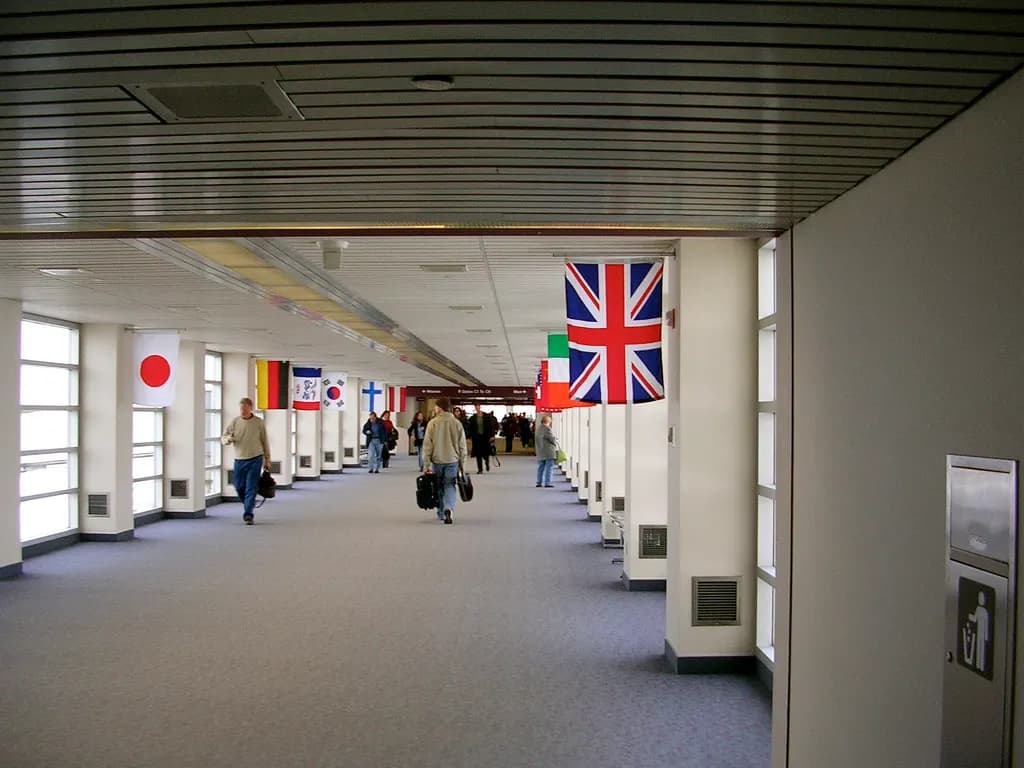 Flag-lined walkway inside The Eastern Iowa Airport in January 2007.