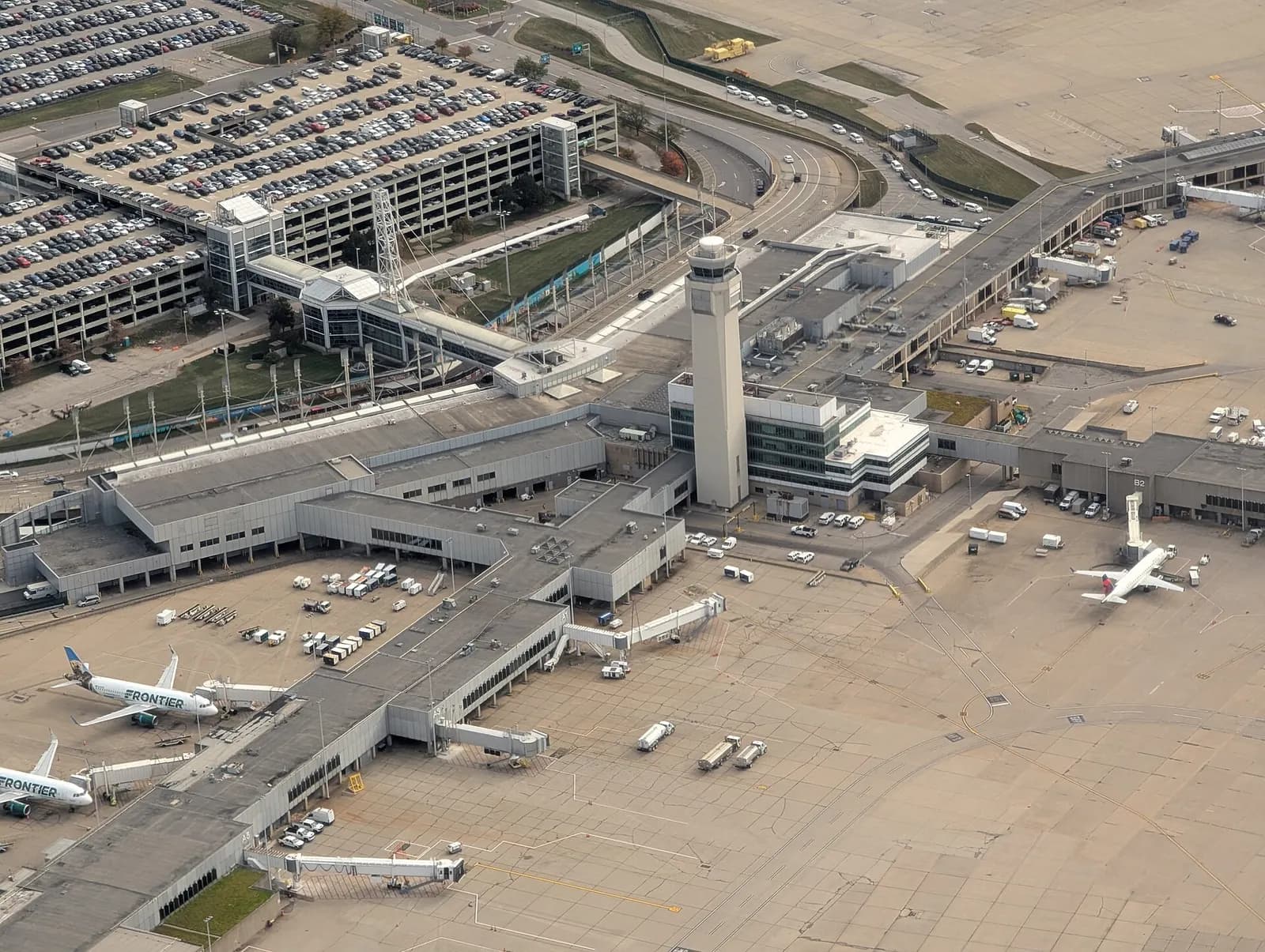 Cleveland Hopkins International Airport captured from the air during departure.