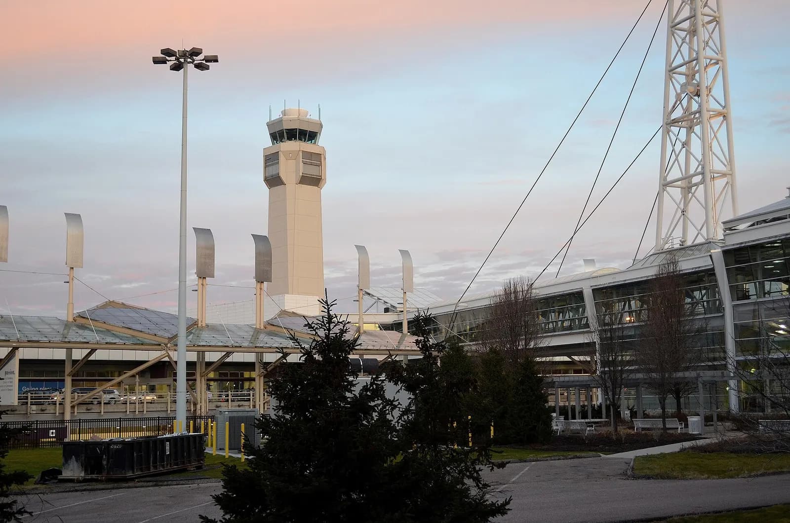 Cleveland Hopkins International Airport Control Tower seen during sunset.