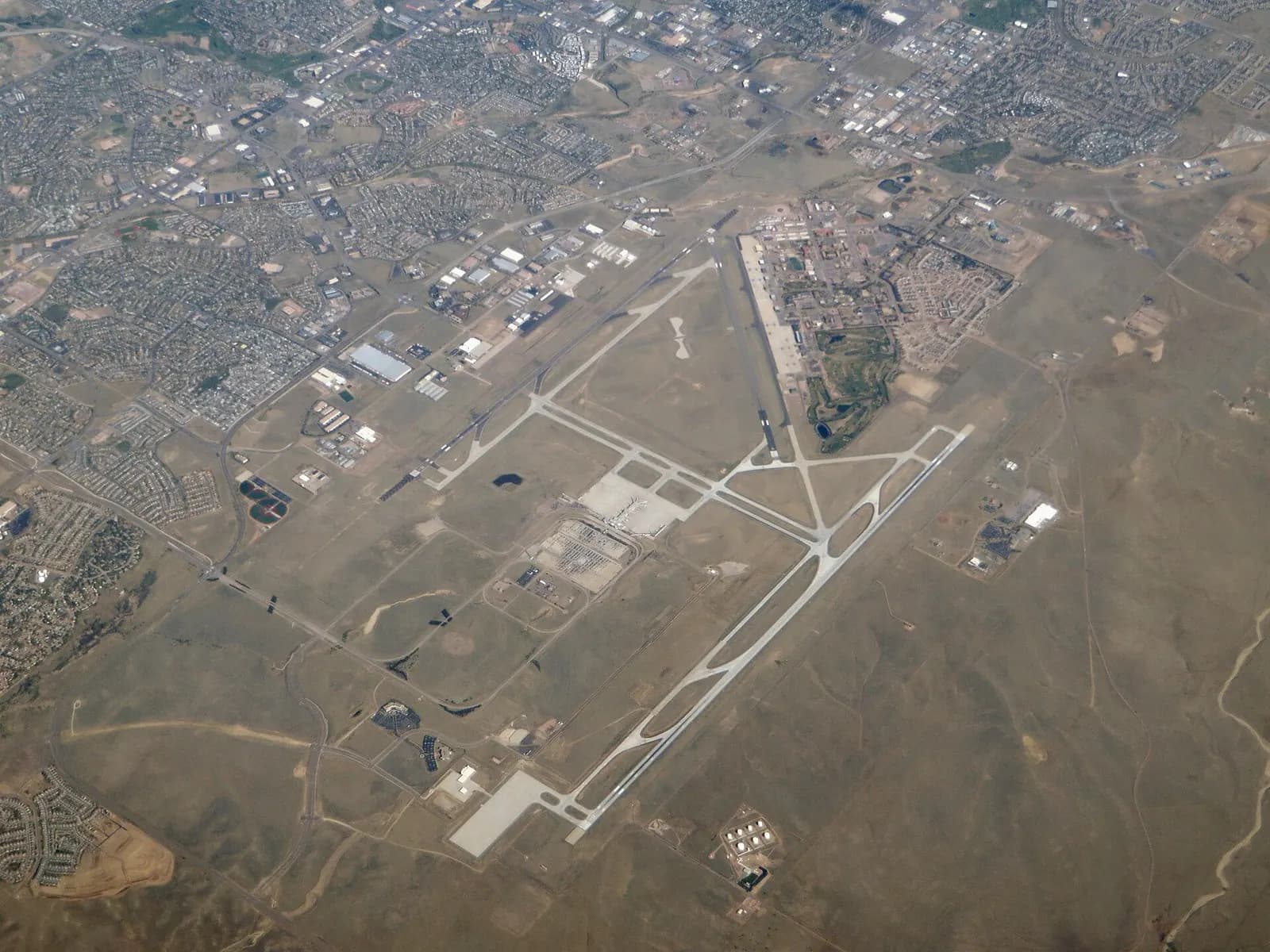 May 2014 aerial of Colorado Springs Airport’s civil terminal and the adjoining Peterson airfield.