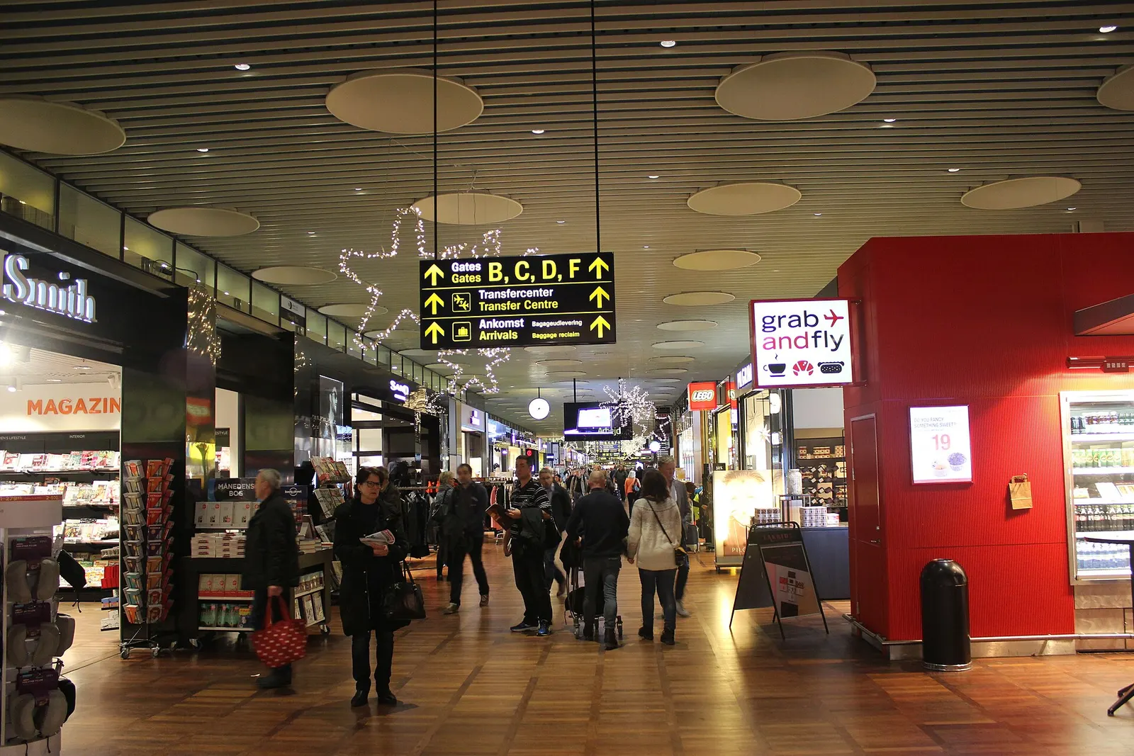 The check-in counters and departure hall inside Terminal 2 at Copenhagen Airport.
