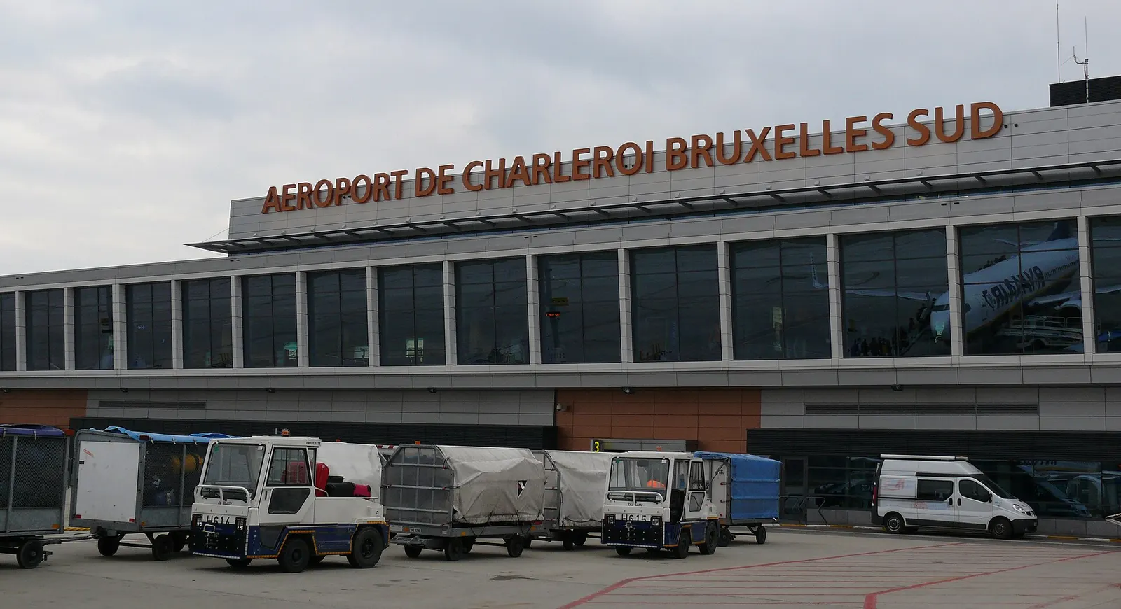Interior of the main passenger hall at Brussels South Charleroi Airport.