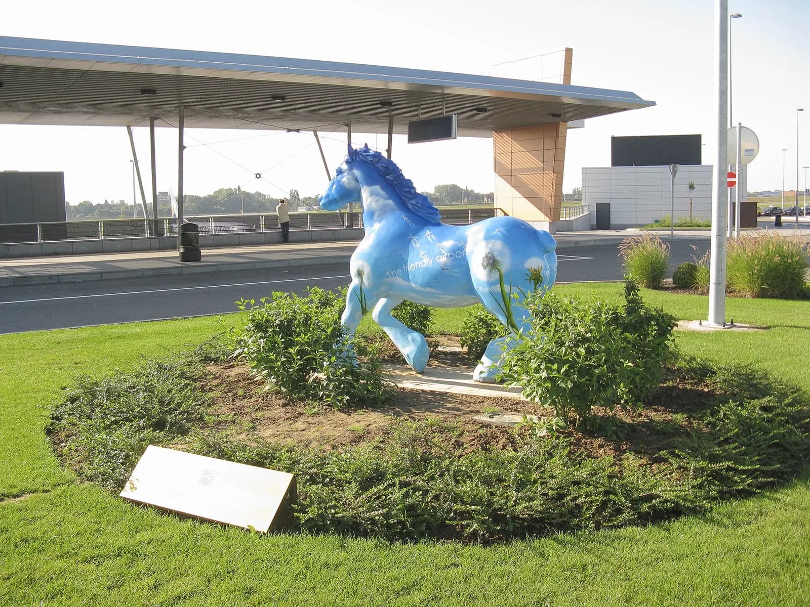 Blue horse sculpture outside Charleroi Airport’s landside public area.