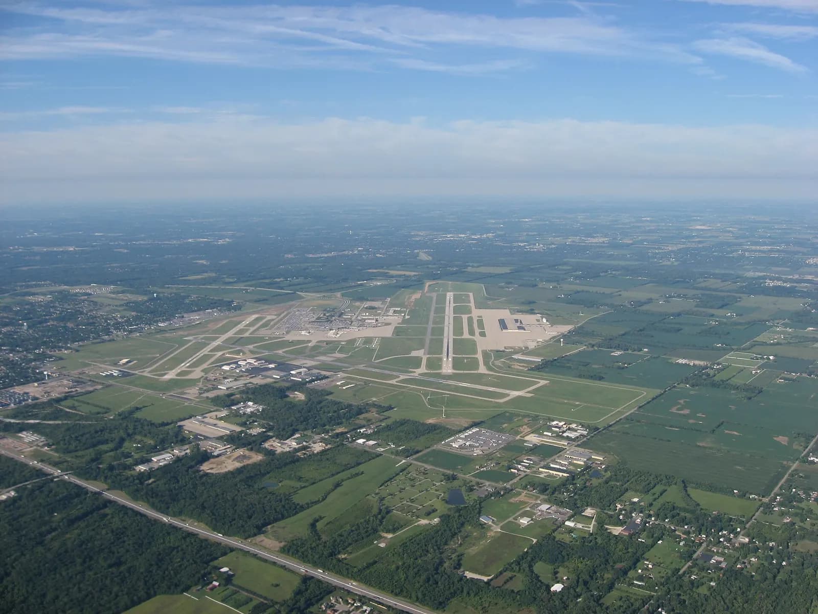 August 2008 aerial looking down Runway 24R at James M. Cox Dayton International Airport in Vandalia, Ohio.