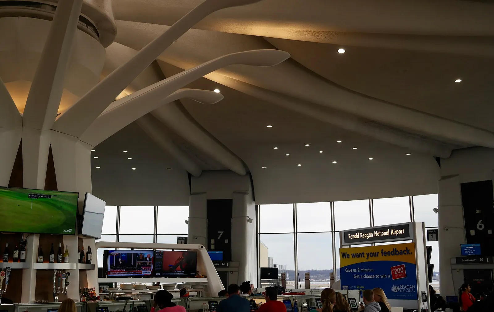 The satellite of Terminal A at Ronald Reagan Washington National airport. The satellite was built by Northwest Airlines and TWA as part of their unit terminal at National, opening in 1970. It was designed by Giuliani & Associates.