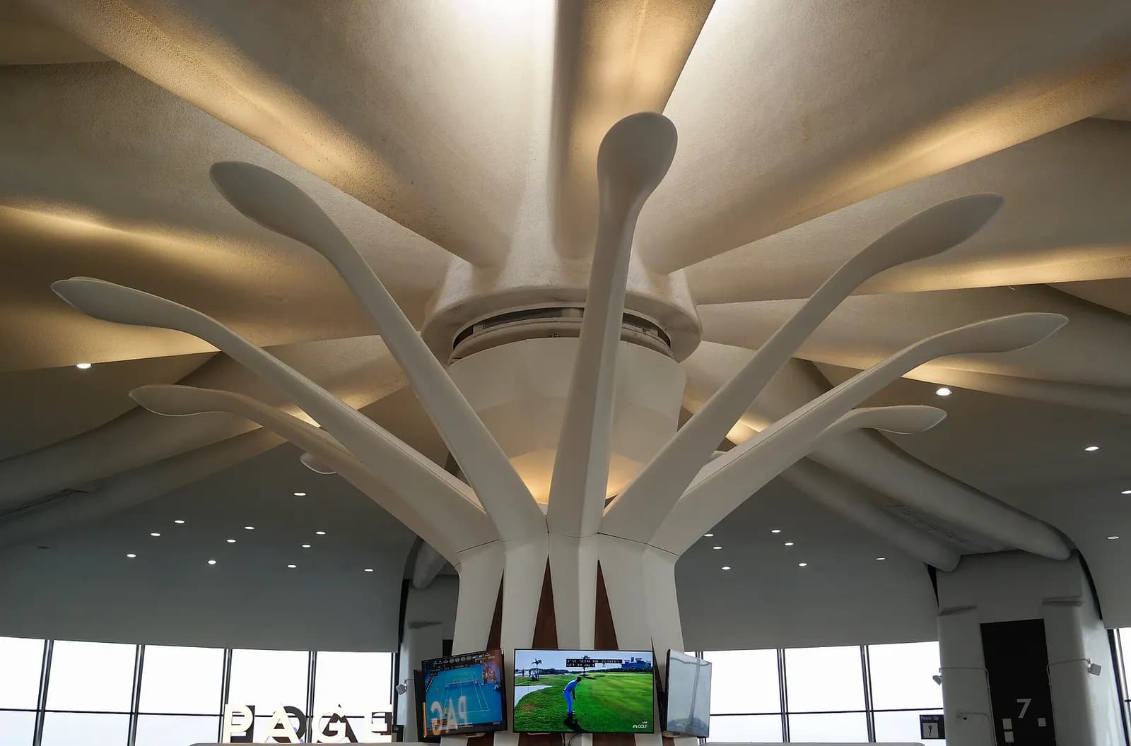 The ceiling of the satellite in Terminal A at Ronald Reagan Washington National airport. The satellite was built by Northwest Airlines and TWA as part of their unit terminal at National, opening in 1970. It was designed by Giuliani & Associates.
