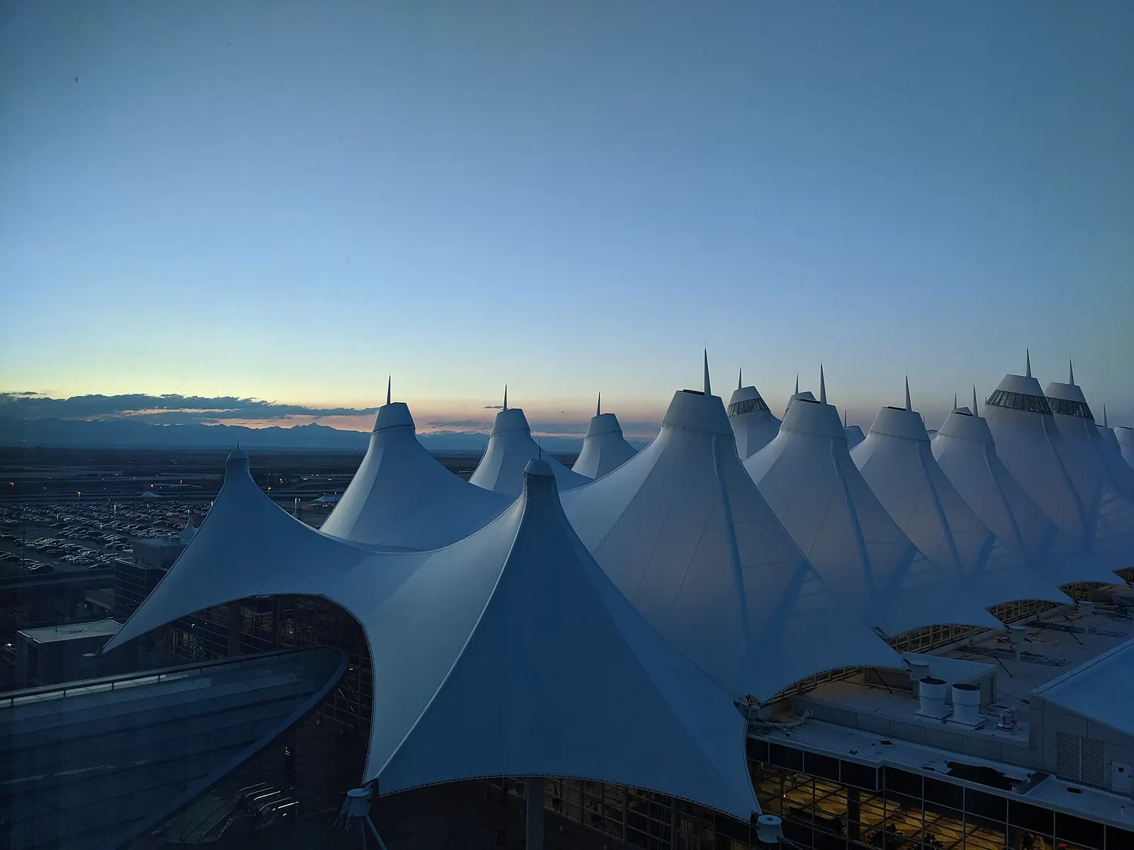 Denver International Airport Main Terminal at dusk from the Westin Hotel (13th floor)