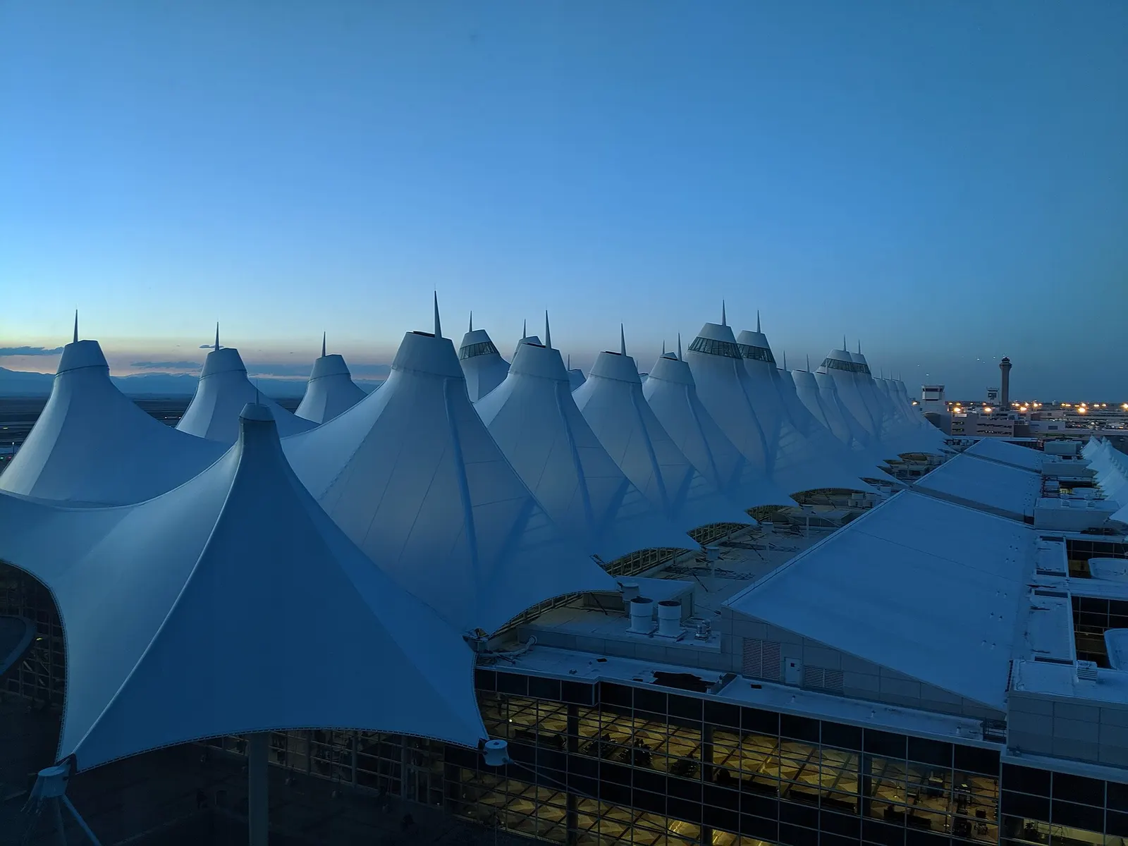Denver International Airport Main Terminal at dusk from the Westin Hotel (13th floor)