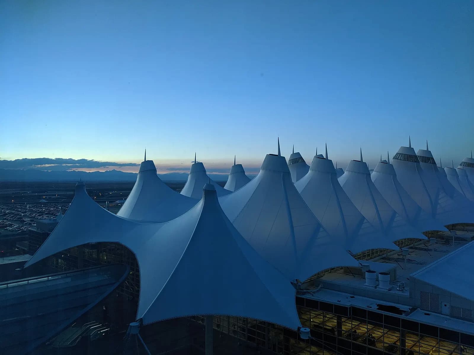 Denver International Airport Main Terminal at dusk from the Westin Hotel (13th floor)