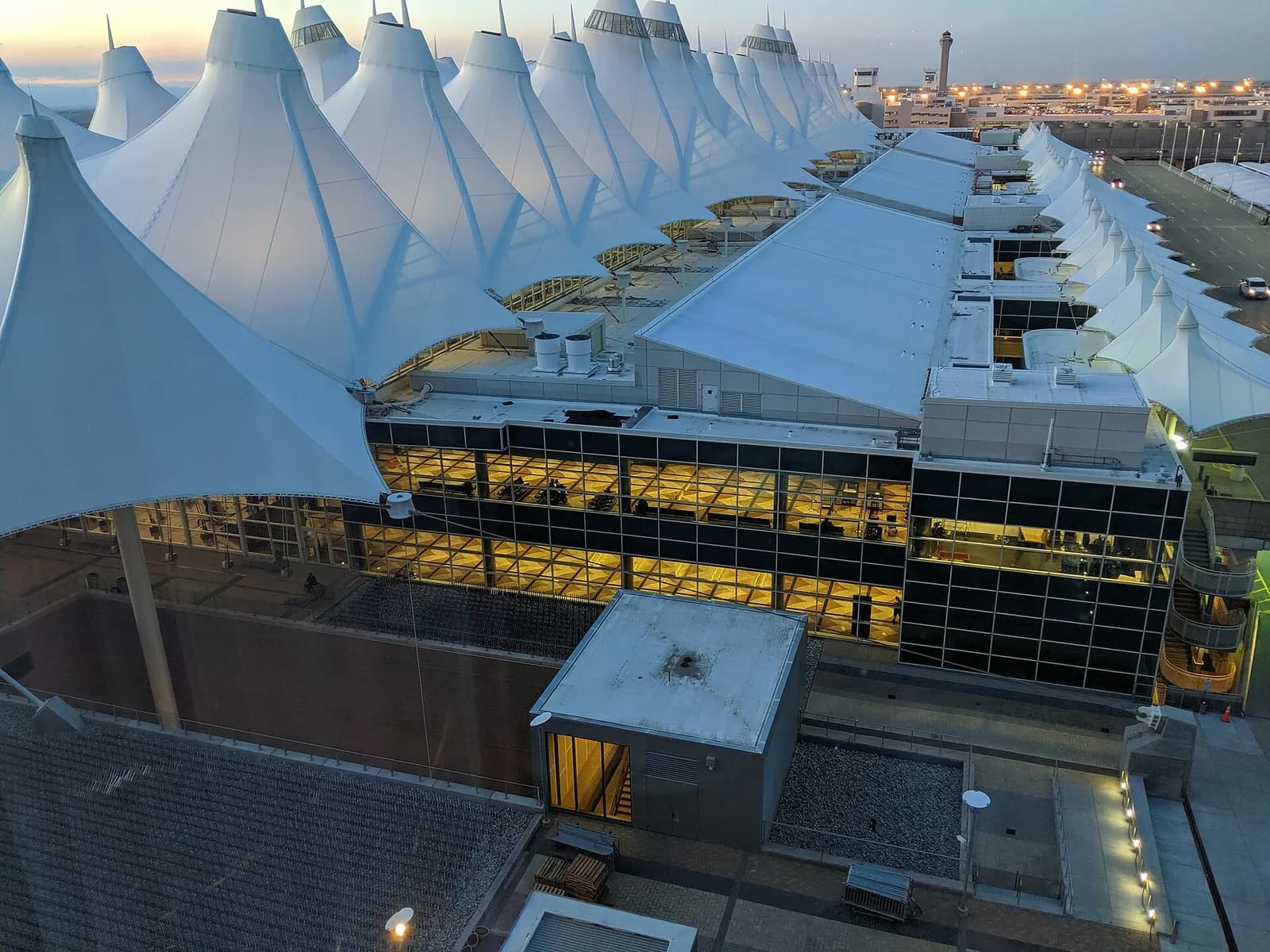 Denver International Airport Main Terminal at dusk from the Westin Hotel (13th floor)
