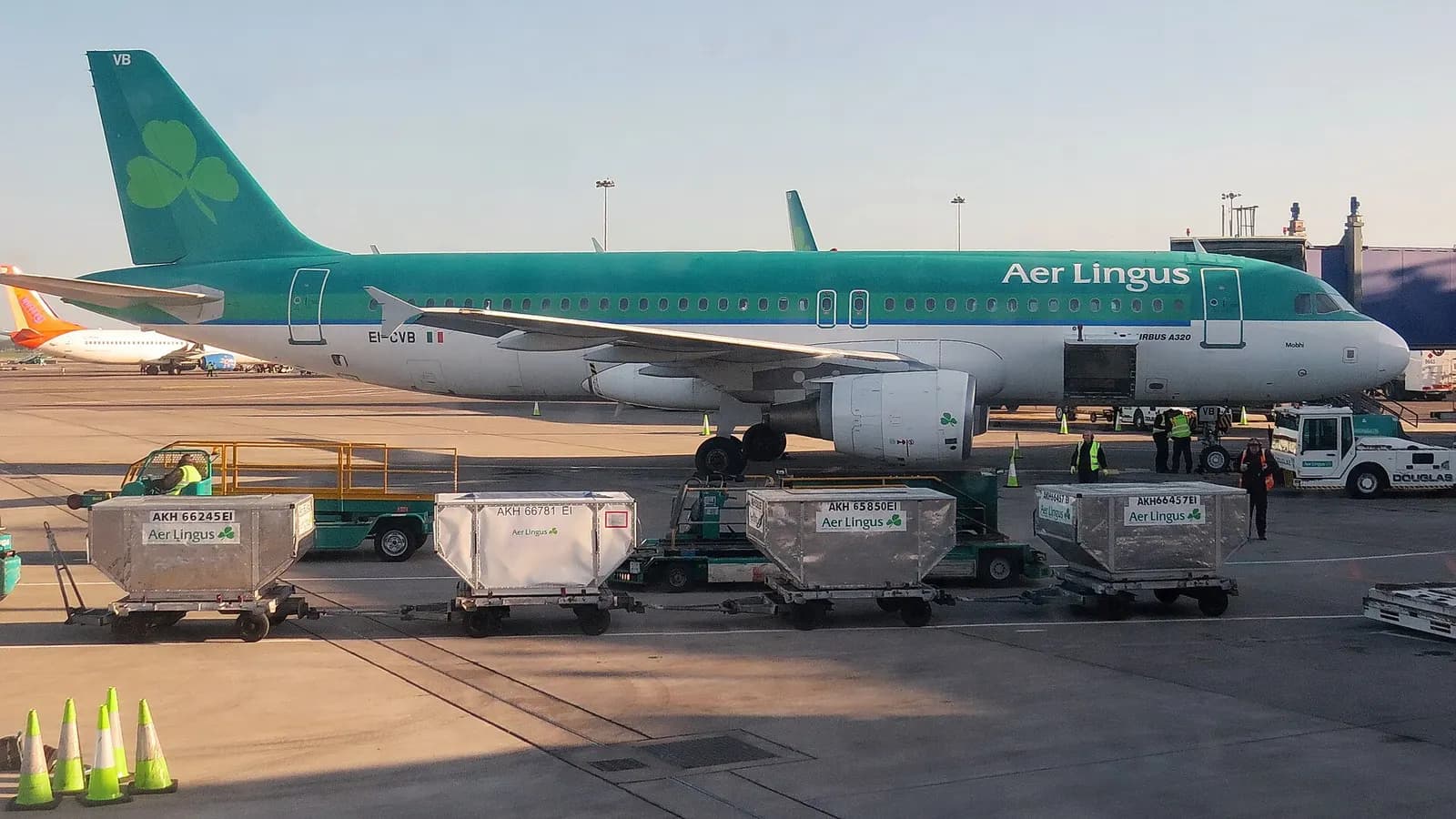 A wide aerial-style view of Dublin Airport and its runways, with terminal buildings and surrounding countryside near Swords, County Fingal.