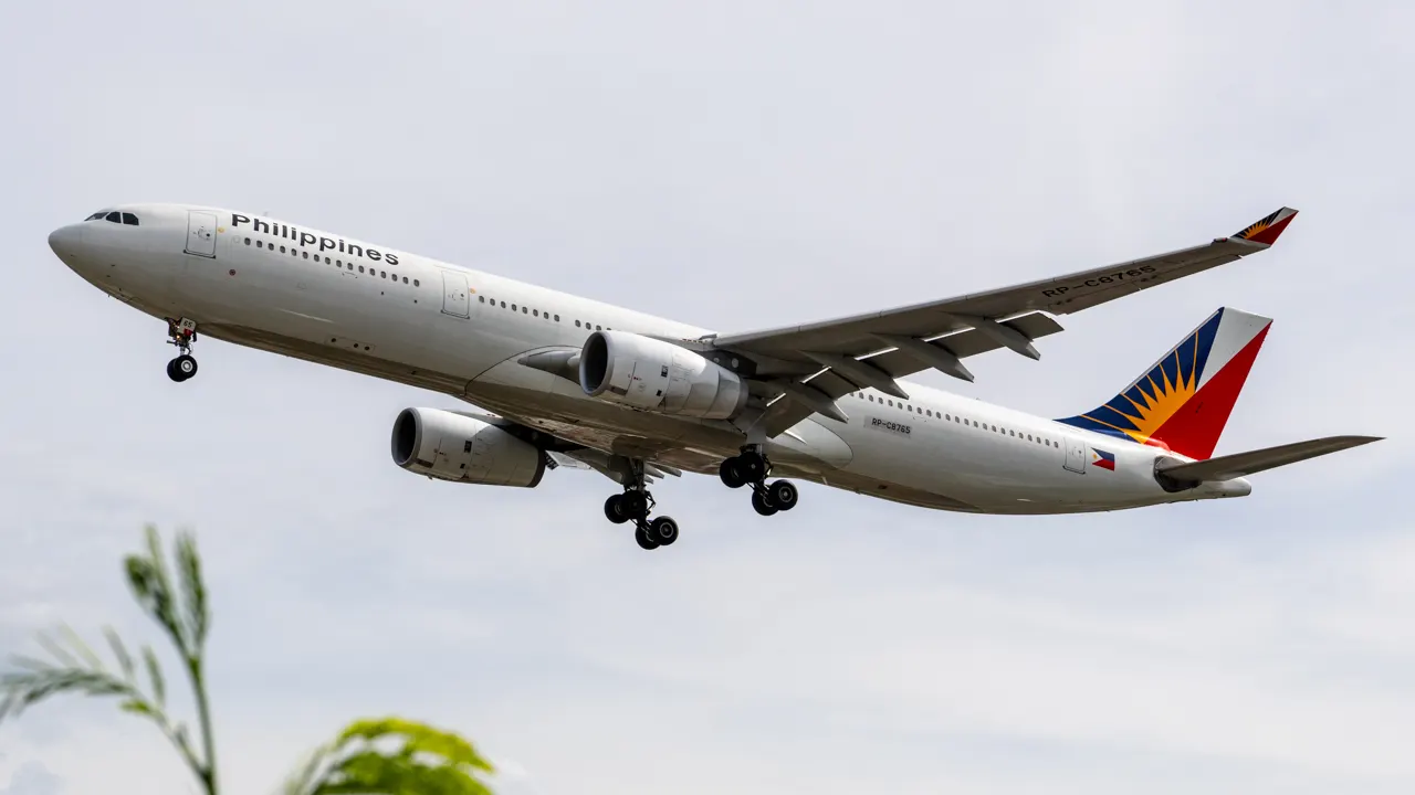 Philippine Airlines Airbus A330-300 (RP-C8765) operating as PR1805, landing at Davao International Airport on 8 December 2024