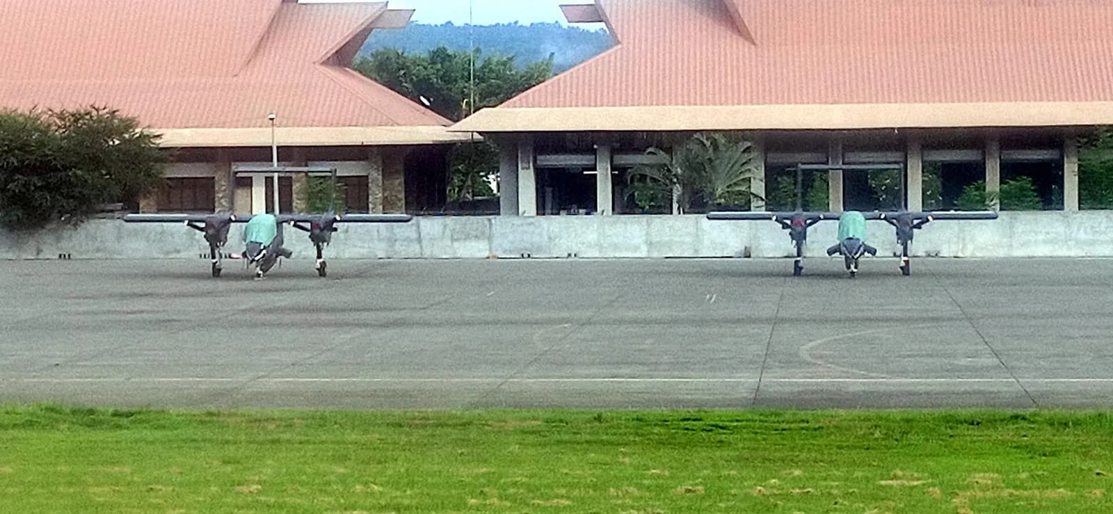 Two Philippine Air Force (PAF) OV-10 Bronco aircraft at the Francisco Bangoy International Airport in Davao