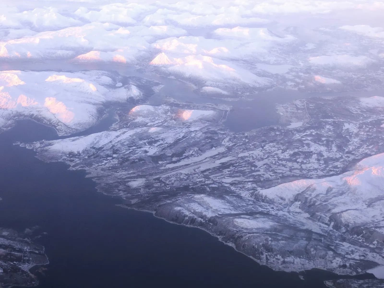 Aerial view over Tjeldsund and Evenes including the airport peninsula